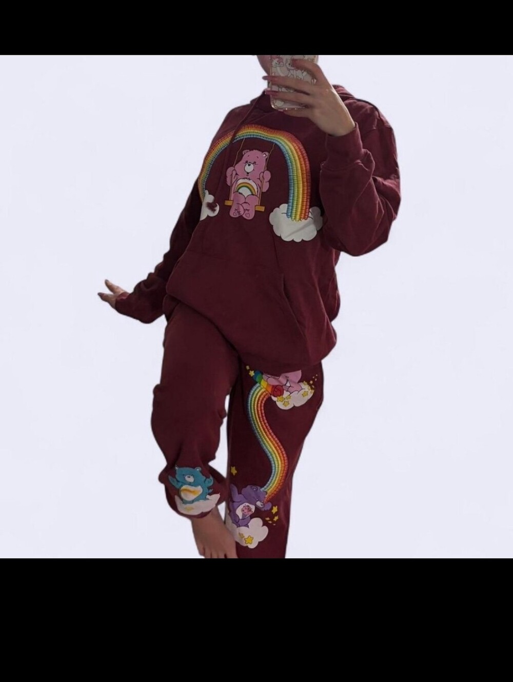 Care Bears Burgundy Hoodie and Sweatpants Set with Rainbow Graphics